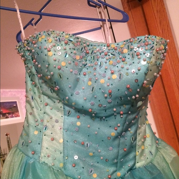 Light blue/turquoise gown strapless w/corset top