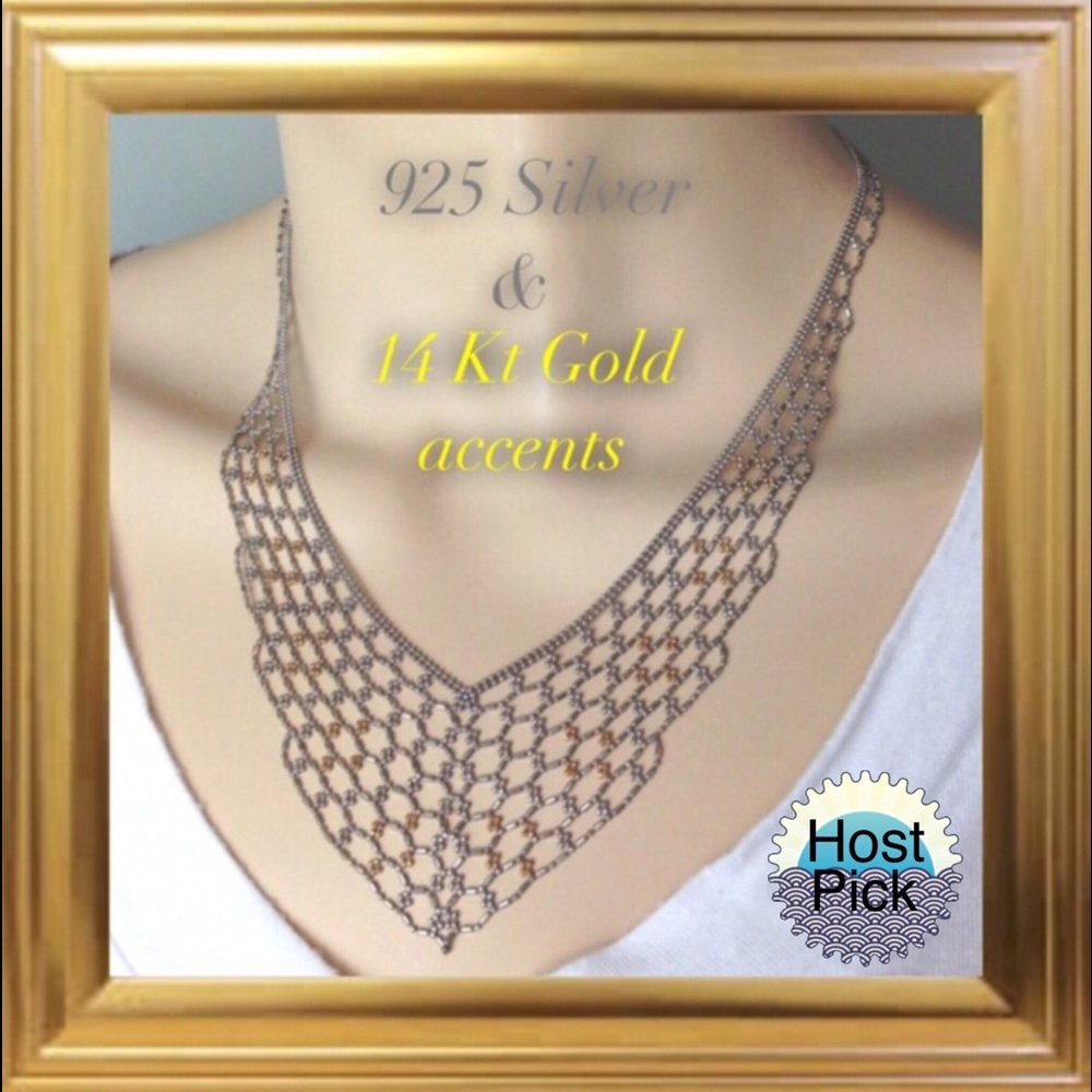 Tiered open Mesh Silver & solid 14Kt Gold Necklace