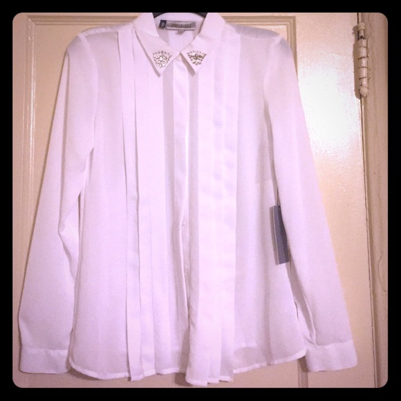 White button down with silver jewels on collar