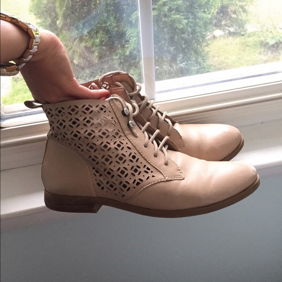 Tan/nude booties with laser cut