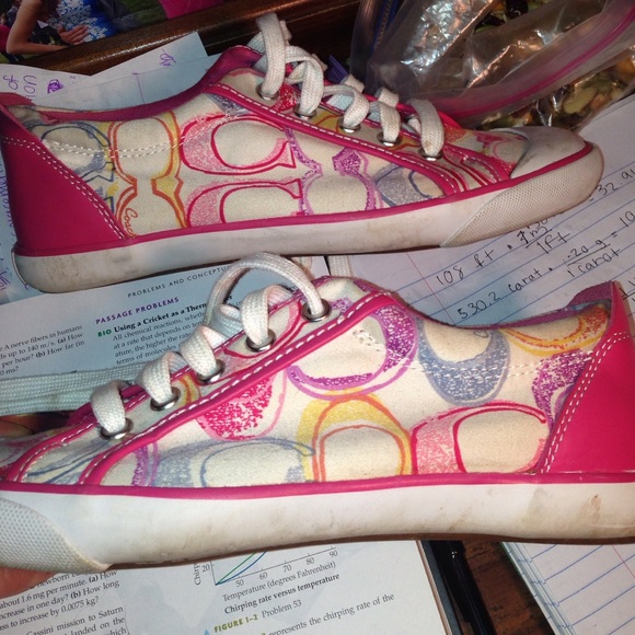 Pink and white multi colored coach sneakers