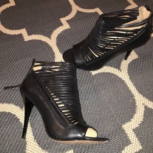 L.A.M.B Black leather strapy peep toe stilettos