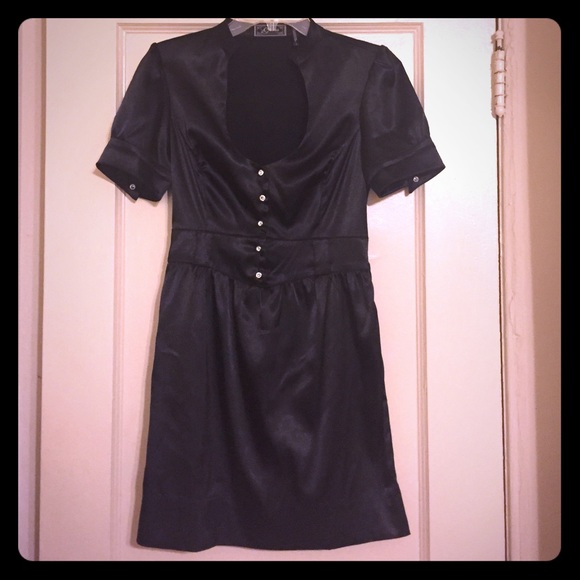 Plunging black satin dress