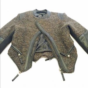 Leather Trimmed Tweed Crop Moto Jacket