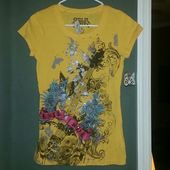 Yellow t-shirt with designs. Brand new