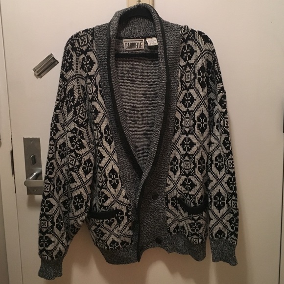 Oversized Vintage Leather Trim Geometric Cardigan