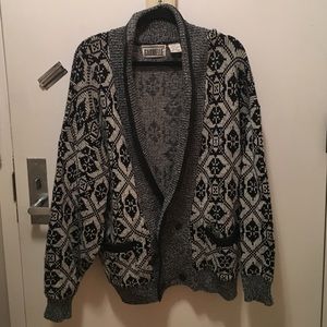 Oversized Vintage Leather Trim Geometric Cardigan
