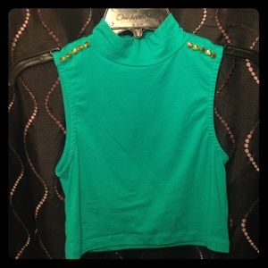 Studded Shoulder Crop Top (Teal)