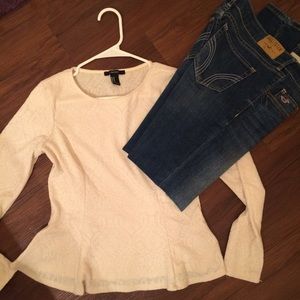Forever 21 Long Sleeve Cream Peplum Top