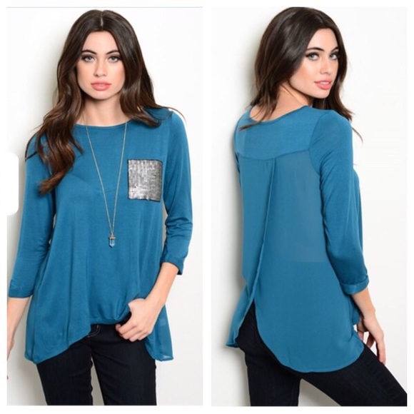 Boutique Tops - New💥! ISLA teal blouse with sequin pocket