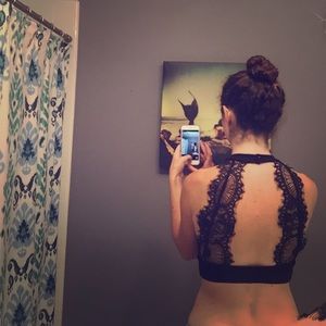 Black lace open back crop top