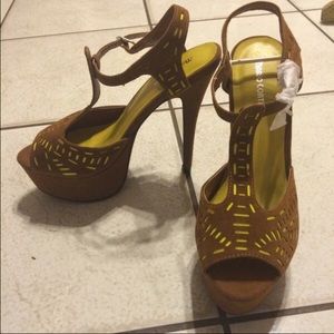 Neon and tan platform heels