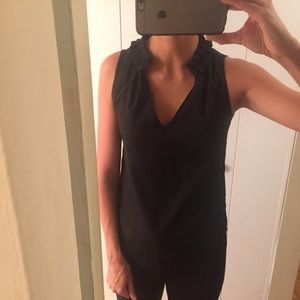 Black silky ruffle neck vneck work top