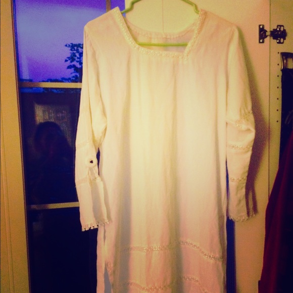 Silk White Tunic Dress with side slits and fringe