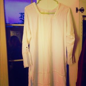 Silk White Tunic Dress with side slits and fringe