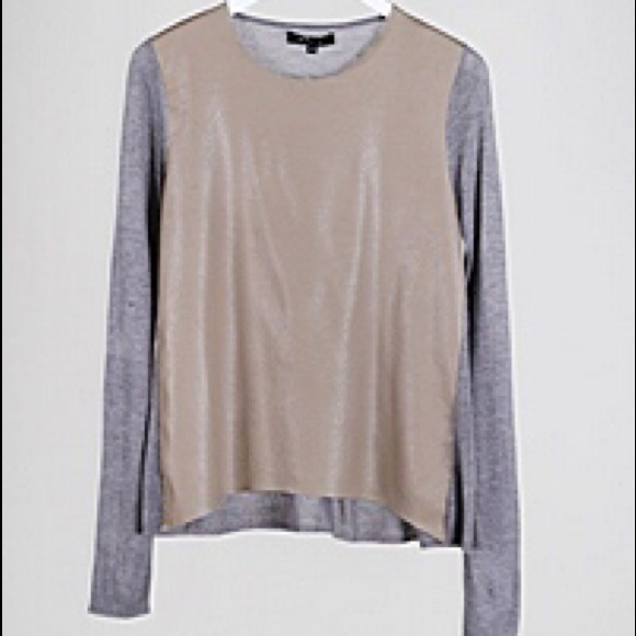 "Leather" front long sleeve top beige w gray back