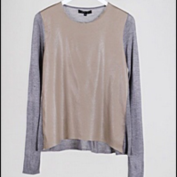 "Leather" front long sleeve top beige w gray back