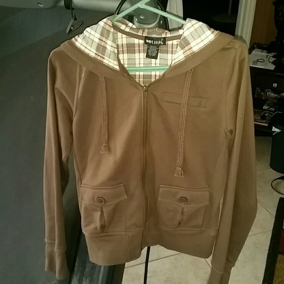 Brown sweater with plaid hoodie and thumb holes