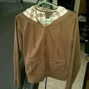 Brown sweater with plaid hoodie and thumb holes