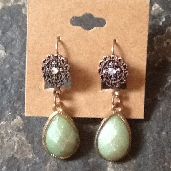 Vintage brass  w sage or clear teardrop dangle