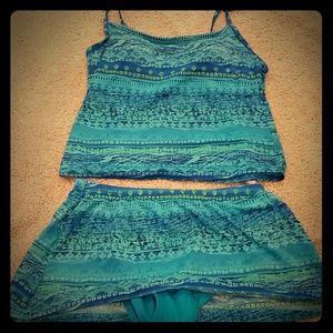 Two piece, bottoms with skirt.