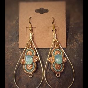 Handmade Gold hoops w turquoise design dangle