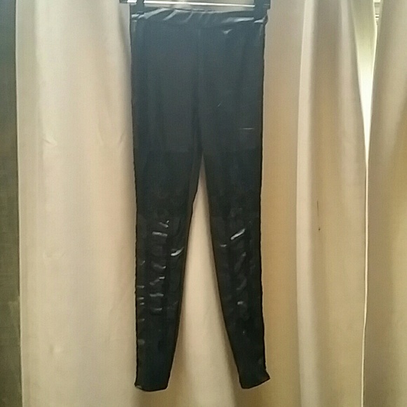Black Pleather Leggings with Mesh and Lace Detail