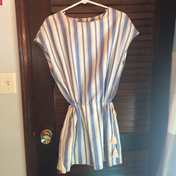Drawstring blue and cream vertical sun dress