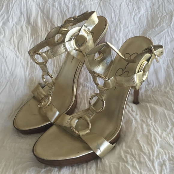 Jessica Simpson gold sandals with wood platform
