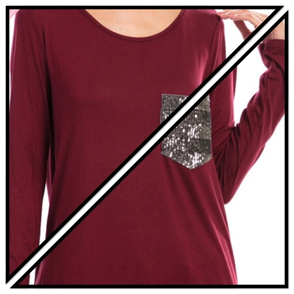 BURGUNDY LONG SLEEVE TOP W/ SEQUIN POCKET -  SMALL - Picture 2 of 4