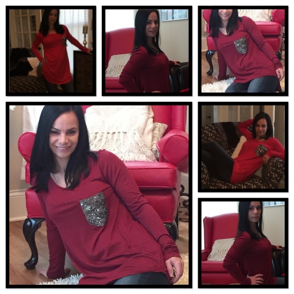 BURGUNDY LONG SLEEVE TOP W/ SEQUIN POCKET -  SMALL - Picture 3 of 4