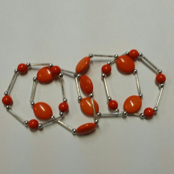 Silver and orange beaded stretch bracelet set NEW