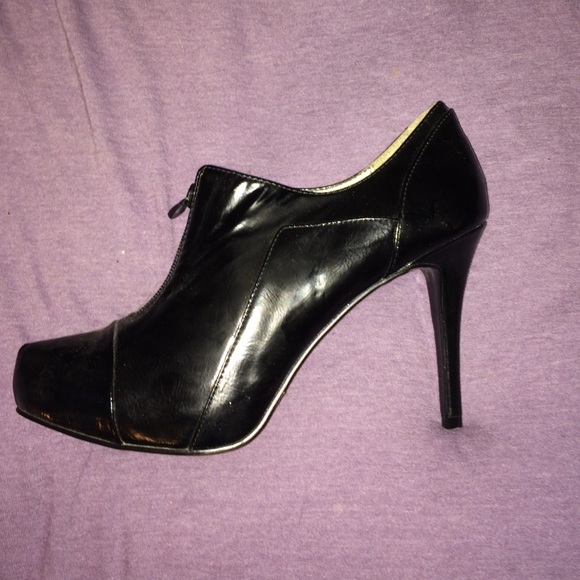 Black patent stiletto booties
