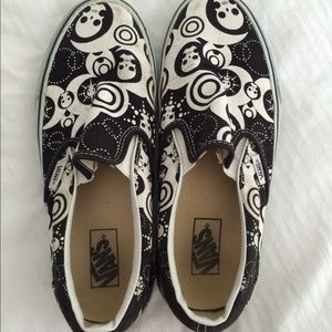 Skull and Moon White and Black Vans Slip On Shoes