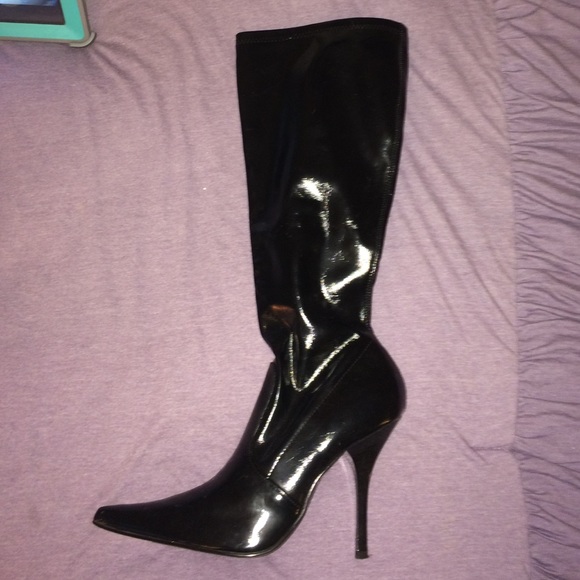 Black patent knee high boots
