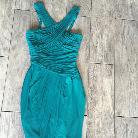 Cross neck teal BCBG drape dress