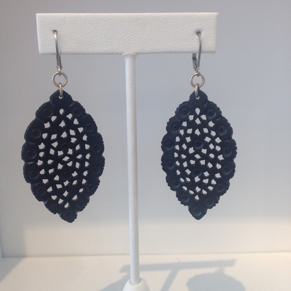 Black Boho Earrings on Silver Tone Leverbacks