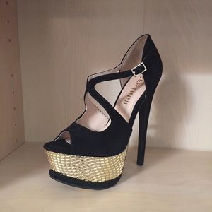 Black cross front gold plated platform heels