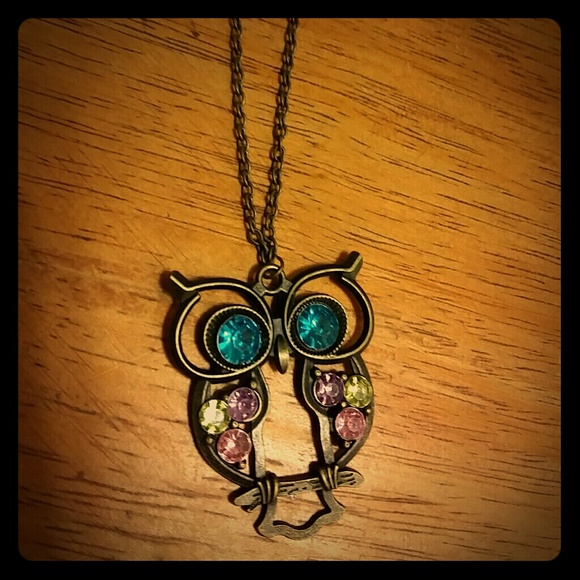 Bronze COLORFUL stones Owl Necklace