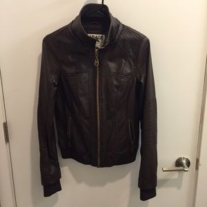 Brown faux leather bomber jacket