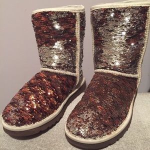 brown and silver sequins uggs