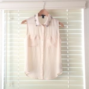 Sheer Blush Pink Button down with Jeweled collar