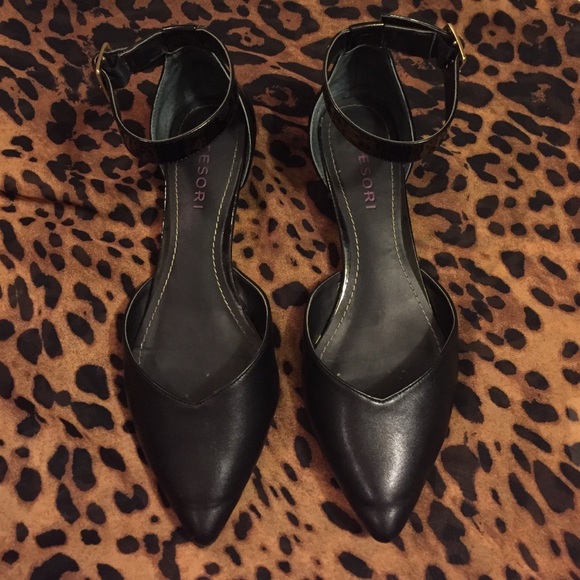 Black pointy toe flats with ankle strap