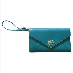 Teal turquoise Tory Burch envelope wristlet