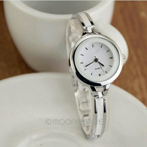 Silver link with white watch