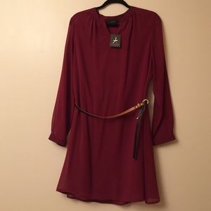 Wine dress with brown belt