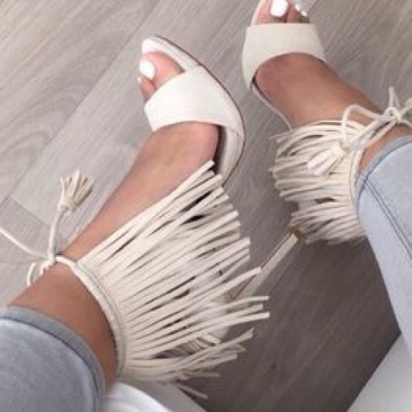 Zara White Fringe Suede Heels