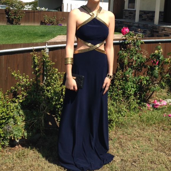 Dark Blue Gold Beaded Cut Out Dress