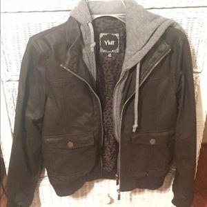 Brown leather jacket with cotton hoodie