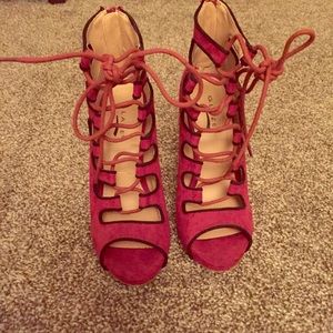 Suede red lace up heels